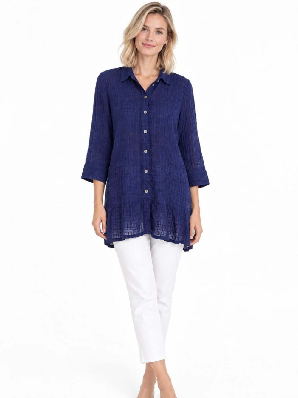 J. Jill Cotton Checkered Windowpane Button-Down Tunic Shirt Purple XL #A4614